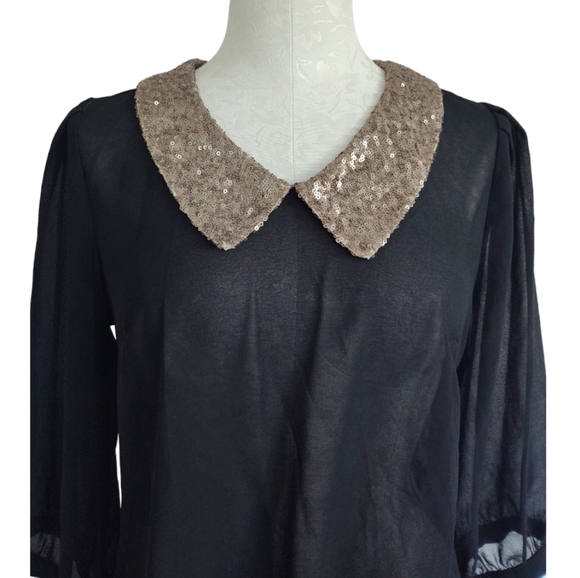 BKE Red Sheer Black Blouse Gold Sequin Collar Button Back Drop Tail Size  Small - Picture 6 of 12